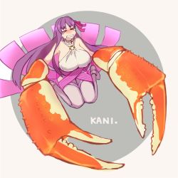 Rule 34 | &gt; &lt;, 1girl, belt collar, blush, breasts, claws, closed eyes, collar, crab, crying, fate/extra, fate/extra ccc, fate (series), hair ribbon, huge breasts, long hair, ngt ngng, passionlip (fate), passionlip (third ascension) (fate), purple hair, ribbon, sitting, solo, tears, thighhighs, transformation, very long hair, wariza