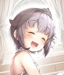 Rule 34 | 1girl, :d, backless dress, backless outfit, bare arms, bare back, bare shoulders, blush, close-up, closed eyes, dress, frilled dress, frills, hair flaps, hair intakes, highres, idolmaster, idolmaster cinderella girls, jewelry, koshimizu sachiko, light purple hair, necklace, open mouth, pearl necklace, smile, solo, stairs, tiara, yukie (kusaka shi)