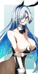 Rule 34 | 1girl, animal ears, bare shoulders, black leotard, breasts, brynhildr (fate), cleavage, detached collar, diagonal bangs, fake animal ears, fate/prototype, fate/prototype: fragments of blue and silver, fate (series), gin moku, glasses, highleg, highleg leotard, highres, large breasts, leotard, long hair, looking at viewer, pantyhose, playboy bunny, purple eyes, rabbit ears, silver hair, smile, solo, strapless, strapless leotard, thighs, very long hair, wrist cuffs