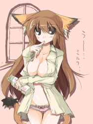 Rule 34 | 1girl, animal ears, bad id, bad pixiv id, black eyes, blush, breasts, brown hair, cat ears, cat girl, endou chihiro, female focus, finger to mouth, large breasts, lion ears, long hair, milk carton, no bra, open clothes, open shirt, original, panties, pink panties, shirt, solo, standing, tail, underwear, very long hair