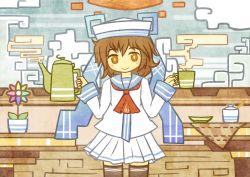 Rule 34 | 1girl, akihiyo, ascot, blush stickers, brown eyes, brown hair, brown thighhighs, cup, dixie cup hat, female focus, flower, hat, military hat, original, pleated skirt, sailor, skirt, smile, solo, teapot, thighhighs