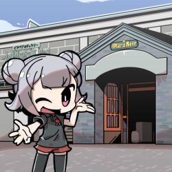 Rule 34 | 1girl, alternate costume, black shirt, black thighhighs, blue sky, building, cevio, chibi, collared shirt, day, double bun, english text, flipped hair, grey hair, hair bun, hand up, koharu rikka, looking at viewer, lowres, moyasiwhite, one eye closed, open door, open mouth, otaru (hokkaido), outdoors, outstretched hand, pink eyes, polo shirt, real world location, red shorts, second-party source, shirt, short hair, short shorts, short sleeves, shorts, sky, smile, solo, standing, synthesizer v, thighhighs, v-shaped eyebrows