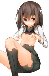 Rule 34 | 10s, 1girl, bike shorts, blush, brown eyes, brown hair, covering privates, covering breasts, covering nipples, flat chest, frown, hair between eyes, headband, headgear, kantai collection, mizushina minato, no bra, short hair, simple background, skirt, solo, taihou (kancolle), torn clothes, white background