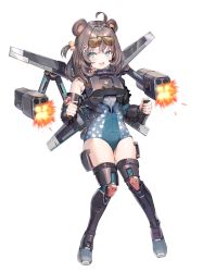 Rule 34 | 1girl, animal ears, apex legends, bear ears, bear girl, blue eyes, blue leotard, blush, bracer, brown hair, cosplay, eyewear on head, firing, highres, jetpack, leotard, looking at viewer, mechanical wings, armored boots, missile pod, momoko (momopoco), open mouth, original, science fiction, smile, solo, sunglasses on head, thighhighs, valkyrie (apex legends), valkyrie (apex legends) (cosplay), wings