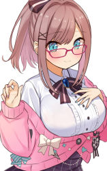Rule 34 | 1girl, :3, absurdres, alternate hairstyle, aqua nails, bespectacled, blue eyes, bow, bowtie, breasts, brooch, brown hair, cardigan, center frills, choco tanuki, collared shirt, frills, glasses, hair bow, hair ornament, hand on own chest, highres, jewelry, large breasts, long sleeves, looking at viewer, medium hair, nail polish, nijisanji, pink-framed eyewear, pink cardigan, ponytail, shirt, simple background, skirt, smile, solo, striped bow, striped clothes, striped skirt, suzuhara lulu, suzuhara lulu (1st costume), upper body, vertical-striped clothes, vertical-striped skirt, virtual youtuber, white background, white shirt, x hair ornament