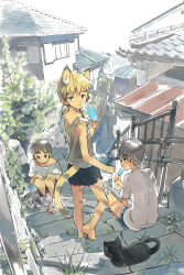 Rule 34 | 3boys, animal ears, black cat, black hair, blonde hair, brick wall, cat, cat ears, cat tail, coin rand, drainpipe, eating, highres, house, kneeling, looking at viewer, male focus, multicolored hair, multiple boys, neko otouto, off shoulder, original, plant, popsicle, railing, rooftop, scenery, shade, shadow, shirt, shorts, sitting, sitting on stairs, stairs, t-shirt, tail, tile roof, two-tone hair, wall, weeds