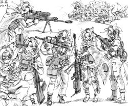 Rule 34 | 6+girls, anti-materiel rifle, assault rifle, binoculars, bullpup, female focus, goggles, greyscale, gun, hat, headset, highres, inubashiri momiji, left-handed, lleu, military, military operator, monochrome, multiple girls, rifle, shameimaru aya, sketch, sniper rifle, submachine gun, tokin hat, touhou, weapon