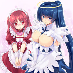 Rule 34 | 2girls, :o, apron, areola slip, ascot, blue dress, blue eyes, blue hair, blunt bangs, blush, breast envy, breasts, brooch, cleavage, closed mouth, cowboy shot, dress, elbow gloves, frilled dress, frills, gloves, hair ornament, halo, highres, hime cut, jewelry, kiyama satoshi, large breasts, long hair, looking at another, looking at breasts, looking at viewer, maid, multiple girls, open mouth, original, ponytail, puffy short sleeves, puffy sleeves, red dress, red eyes, red hair, short sleeves, smile, two side up, v arms, very long hair, waist apron, white gloves, wrist cuffs