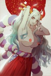 Rule 34 | arms up, breasts, large breasts, long hair, one piece, white hair, yamato (one piece)