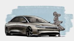 Rule 34 | 1girl, boots, car, expressionless, floating hair, greyscale with colored background, highres, hikageno, long hair, looking to the side, lucid air, lucid motors, motor vehicle, original, shadow, shirt, sketch, skirt, vehicle focus