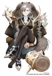 Rule 34 | 1girl, animal ear fluff, animal ears, arknights, black thighhighs, book, censored, chair, closed mouth, crossed legs, garter belt, garter straps, grey hair, hair between eyes, high heels, holding, holding book, long hair, looking at viewer, mallet, mole, mole above eye, penance (arknights), sitting, solo, thighhighs, white background, wolf ears, wolf girl, yellow eyes, yokaze (yokajie)