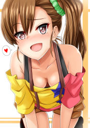 Rule 34 | 1girl, bad id, bad pixiv id, bare shoulders, blush, breasts, brown eyes, brown hair, cleavage, collarbone, commentary request, downblouse, extended downblouse, futami mami, heart, idolmaster, idolmaster (classic), inu (marukome), long hair, looking at viewer, off shoulder, open mouth, revision, scrunchie, shirt, shorts, side ponytail, small breasts, smile, solo, spoken heart