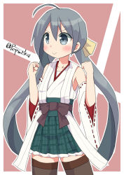 Rule 34 | &gt;:&gt;, :&gt;, ahoge, artist name, bare shoulders, blush, clenched hands, closed mouth, commentary request, cosplay, detached sleeves, eyebrows, grey eyes, grey hair, hair between eyes, hair ribbon, hiei (kancolle), hiei (kancolle) (cosplay), highres, japanese clothes, kantai collection, kiyoshimo (kancolle), long hair, nontraditional miko, pepatiku, plaid, plaid skirt, ribbon, signature, skirt, twintails, twitter username, v-shaped eyebrows
