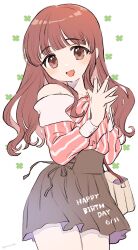 Rule 34 | 1girl, amezawa koma, bag, bare shoulders, blush, brown eyes, brown hair, clover print, cowboy shot, hair down, handbag, heart, heart necklace, highres, idolmaster, idolmaster cinderella girls, jewelry, long hair, long sleeves, looking at viewer, necklace, off-shoulder shirt, off shoulder, ogata chieri, open mouth, own hands together, shirt, skirt, smile, solo, steepled fingers