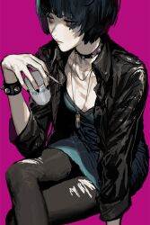 Rule 34 | 1girl, black hair, black jacket, bracelet, brown eyes, choker, cigarette, commentary, cup, disposable cup, dress, green dress, jacket, jewelry, necklace, pantyhose, persona, persona 5, pink background, rr (suisse200), short hair, silk, simple background, spider web, spiked bracelet, spiked choker, spikes, takemi tae, torn clothes, torn pantyhose