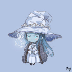 Rule 34 | 1girl, blue background, blue eyes, blue hair, blue skin, blush, cloak, closed mouth, colored skin, dress, elden ring, extra arms, extra faces, full body, fur cloak, hat, large hat, long hair, long sleeves, looking at viewer, m xy, miniature ranni, one eye closed, ranni the witch, signature, simple background, smile, solo, very long hair, white dress, witch hat