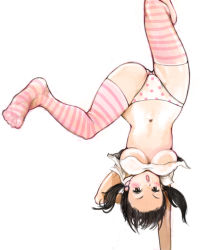 Rule 34 | 1girl, black hair, blouse, blush, breasts, brown eyes, brown hair, clothes lift, feet, handstand, hip focus, kazaana, large breasts, legs, midriff, navel, no bra, no pants, one arm handstand, open mouth, original, panties, pink panties, pink thighhighs, polka dot, polka dot panties, shirt, shirt lift, short hair, short twintails, simple background, solo, spread legs, striped clothes, striped thighhighs, t-shirt, thighhighs, twintails, underboob, underwear, upside-down, white background, white panties, white shirt, wide hips