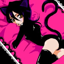 Rule 34 | 00s, 1girl, animal ears, ass, bed sheet, black hair, black thighhighs, bleach, cat ears, cat tail, hair between eyes, kuchiki rukia, leather, lowres, shiny clothes, solo, tail, thighhighs, vinyl, yellow eyes