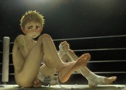 Rule 34 | ass, bandages, barefoot, beitemian, blonde hair, blush, feet, flaccid, male focus, muscular, nude, ooki ikutoshi, penis, sitting, solo focus, sweat, tattoo, testicles, toes, tokyo houkago summoners, undressing, wrestling ring, yaoi