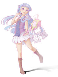 1girl :d arm_up bare_shoulders blue_hair blunt_bangs blush boots flat_chest floating_hair full_body hair_tubes hairband highres hime_cut holding holding_wand k.sho kannagi long_hair miniskirt nagi_(kannagi) open_mouth pleated_skirt purple_eyes raised_eyebrows shadow shide simple_background skirt smile solo standing standing_on_one_leg star_wand teeth upper_teeth_only wand white_background white_skirt