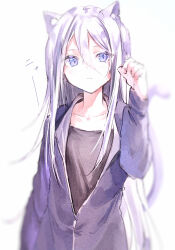 Rule 34 | 1girl, absurdres, animal ears, black shirt, blue eyes, blue jacket, blush, cat ears, collarbone, commentary, hair between eyes, highres, irohatomo, jacket, long hair, looking at viewer, paw pose, project sekai, shirt, simple background, solo, sound effects, translated, upper body, white background, white hair, yoisaki kanade
