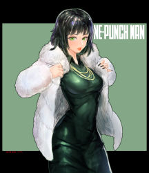 Rule 34 | 10s, 1girl, 2015, artist name, black hair, black nails, breasts, copyright name, cowboy shot, dated, dress, fingernails, fubuki (one-punch man), fur jacket, green background, green dress, green eyes, highres, jacket, jewelry, long fingernails, long sleeves, looking at viewer, nail polish, nax, necklace, one-punch man, open clothes, open jacket, parted lips, red lips, short hair, signature, solo