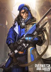 Rule 34 | 1girl, aged down, ana (overwatch), armor, artist name, bandages, beret, black gloves, black hair, blue coat, blue hat, blue jacket, bodysuit, braid, brown eyes, captain amari, character name, coat, comparison, copyright name, cowboy shot, dark-skinned female, dark skin, emblem, eye of horus, facial mark, facial tattoo, gauntlets, gloves, gun, hat, hichi, hichi (hichiworks), highres, hijab, holding, holding gun, holding weapon, jacket, long hair, looking at viewer, military, military hat, military uniform, mole, mole under eye, official alternate costume, old, old woman, open clothes, open coat, overcoat, overwatch, overwatch 1, parted lips, power armor, power suit, revision, rifle, scope, signature, sniper rifle, solo, split image, split theme, tattoo, uniform, weapon, white hair