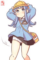 Rule 34 | 1girl, alternate costume, artist logo, bag, black skirt, blue eyes, blue hair, blue shirt, clothes lift, commentary request, cowboy shot, dated, hat, hatsukaze (kancolle), hime cut, holding, holding clothes, holding hat, kanon (kurogane knights), kantai collection, kindergarten bag, kindergarten uniform, long hair, long sleeves, looking at viewer, name tag, one-hour drawing challenge, panties, school hat, school uniform, shirt, simple background, skirt, skirt lift, smock, solo, tsuchinoko, underwear, white background, white hair, white panties, wind, wind lift, yellow hat