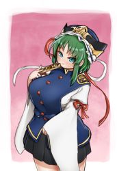 1girl absurdres alternate_breast_size black_skirt blue_eyes blush breasts cowboy_shot epaulettes green_hair hat hat_ribbon highres huge_breasts ichika_(ichika_manga) long_sleeves looking_at_viewer miniskirt ribbon ribbon_trim rod_of_remorse shiki_eiki short_hair skirt sleeves_past_wrists smile solo touhou wide_sleeves