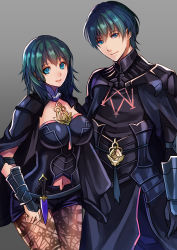 Rule 34 | 1boy, 1girl, armor, black armor, black shorts, blue hair, breasts, byleth (female) (fire emblem), byleth (fire emblem), byleth (male) (fire emblem), cape, closed mouth, dagger, detached collar, fire emblem, fire emblem: three houses, grey background, holding, knife, large breasts, looking at viewer, nintendo, pantyhose, patterned legwear, pinching, sheath, sheathed, short hair, short shorts, shorts, simple background, smile, souyou26, vambraces, weapon, white background