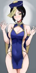 Rule 34 | 1girl, absurdres, alternate costume, armpit crease, bare shoulders, black hair, blue dress, blue headwear, blue sleeves, blush, breasts, chinese clothes, cleavage, cleavage cutout, closed mouth, clothing cutout, commentary, covered navel, cowboy shot, detached sleeves, dress, english commentary, gradient background, green eyes, grey background, hands up, highres, jiangshi, large breasts, looking at viewer, marie (persona 4), medium hair, nero watch, ofuda, outstretched arms, parted bangs, pelvic curtain, persona, persona 4, persona 4 the golden, revealing clothes, romaji commentary, short dress, sideboob, sidelocks, sleeveless, sleeveless dress, solo, thighs, tilted headwear, wide sleeves, zombie pose