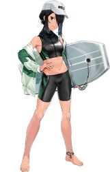 Rule 34 | 1girl, barefoot, bike shorts, black hair, black shorts, breasts, hair over one eye, hair over shoulder, hand on own hip, jacket, kantai collection, kumano maru (kancolle), long hair, looking at viewer, low ponytail, medium breasts, midriff, multicolored clothes, multicolored jacket, navel, official art, rash guard, red eyes, shorts, sidelocks, solo, standing, surfboard, third-party source, transparent background, two-tone jacket, umihara sakana, white headwear, white jacket