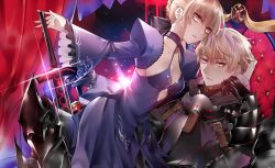 Rule 34 | 1boy, 1girl, arm up, arthur pendragon (fate), arthur pendragon alter (fate), artoria pendragon (all), artoria pendragon (fate), bad id, bad pixiv id, blonde hair, excalibur morgan (fate), fate (series), glint, highres, ichinosenen, looking at viewer, parted lips, saber alter, sidelocks, tsurime, yellow eyes