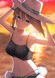 Rule 34 | 1girl, absurdres, bare shoulders, beach, bikini, black bikini, blue bikini, braid, breasts, brown hair, charlotte corday (fate), charlotte corday (swimsuit caster) (fate), charlotte corday (swimsuit caster) (first ascension) (fate), cleavage, closed mouth, collarbone, fate/grand order, fate (series), flower, funa (funafuna 001), gradient sky, green eyes, hat, highres, jewelry, large breasts, looking at viewer, mismatched bikini, navel, necklace, ocean, orange sky, pendant, short hair, side braid, sky, smile, solo, sun hat, sunset, swimsuit, twilight, white hat