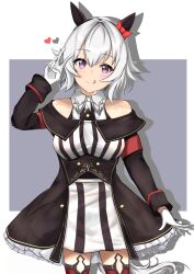 Rule 34 | 1girl, absurdres, animal ears, bare shoulders, black dress, black hairband, border, bow, breasts, clothes lift, commentary request, cowboy shot, curren chan (umamusume), dress, dress lift, ear bow, ear covers, gloves, grey hair, hairband, highres, horse ears, horse girl, horse tail, kudo (user dzch8572), lifted by self, long sleeves, medium breasts, off-shoulder dress, off shoulder, pantyhose, purple background, purple eyes, red bow, red pantyhose, short hair, simple background, solo, striped clothes, striped dress, tail, umamusume, white border, white dress, white gloves
