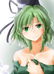 Rule 34 | 1girl, bare shoulders, black hat, black ribbon, blush, breasts, collarbone, commentary request, dress, eyes visible through hair, ghost tail, gradient background, green background, green dress, green eyes, green hair, hair between eyes, hand up, hat, hat ribbon, head tilt, highres, light smile, lips, looking at viewer, medium breasts, off-shoulder dress, off shoulder, ofuda, oshiaki, outline, pink lips, ribbon, shiny skin, short hair, soga no tojiko, solo, tate eboshi, touhou, upper body, white background, white outline