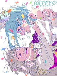 Rule 34 | 1boy, 1girl, :d, archived source, bad id, bad twitter id, blue hair, confetti, crown, crying, crying with eyes open, epaulettes, facing another, half-closed eyes, hands on another&#039;s back, highres, hug, image sample, jacket, king of prism, king of prism by prettyrhythm, long hair, long sleeves, looking at another, lying, on back, open mouth, pretty rhythm, pretty series, profile, rinne (pretty rhythm), sad, shine (pretty series), short hair, smile, streaming tears, tears, twitter sample, white background, white jacket, zashima