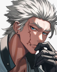 Rule 34 | 1boy, absurdres, black gloves, blue eyes, chain, chain necklace, collared jacket, earrings, facial scar, fate/grand order, fate (series), gloves, grey hair, hair slicked back, haruakira, highres, holding, jacket, jewelry, male focus, mouth hold, nagakura shinpachi (fate), necklace, portrait, scar, scar on cheek, scar on face, short hair, stalk in mouth, stud earrings