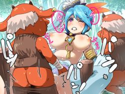 Rule 34 | 1girl, ass, blue hair, blush, bokoblin, boris (noborhys), breasts, clenched teeth, clothed sex, clothes lift, covered erect nipples, cum, feather hair ornament, feathers, group sex, hair ornament, hyrule warriors, interspecies, jewelry, lana (hyrule warriors), large breasts, long hair, monster, necklace, nintendo, nipples, one eye closed, ponytail, puffy nipples, purple eyes, rape, sex, side ponytail, skirt, skirt lift, sweat, tears, teeth, text focus, the legend of zelda, thighhighs, vaginal, white thighhighs, wince