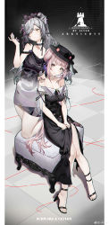Rule 34 | 2girls, absurdres, alternate costume, alternate hairstyle, alver, animal ear fluff, animal ears, arknights, bare legs, bare shoulders, black bow, black choker, black dress, black flower, black footwear, black headwear, black rose, bow, breasts, cat ears, ceylon (arknights), character name, choker, cleavage, closed mouth, collarbone, copyright name, dotted background, doughnut hair bun, dress, ear piercing, flower, full body, hair bun, hair flower, hair ornament, hand mirror, hand on another&#039;s shoulder, hat, hat bow, high heels, highres, holding, holding mirror, jewelry, looking at mirror, looking at viewer, medium breasts, mirror, multiple girls, multiple rings, off-shoulder dress, off shoulder, own hands together, pelvic curtain, piercing, pillarboxed, pink hair, ponytail, rhodes island logo (arknights), ring, rose, schwarz (arknights), see-through, short hair, side bun, single hair bun, single side bun, sitting, sleeveless, sleeveless dress, smile, stool, swept bangs, tile floor, tiles, yellow eyes