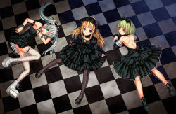 Rule 34 | 3girls, arm garter, bare back, bare shoulders, black legwear, blonde hair, blue eyes, boots, bosshi, bow, checkered floor, cross-laced footwear, detached collar, detached sleeves, dress, frills, from above, goth fashion, gothic lolita, green eyes, green hair, hair bow, hairband, highres, lolita fashion, lolita hairband, looking back, lying, mary janes, multiple girls, on side, on stomach, one eye closed, original, pantyhose, red eyes, shoes, silver hair, sitting, smile, thighhighs, twintails, white legwear, wink, wrist cuffs
