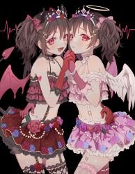 Rule 34 | 10s, 1girl, absurdres, angel wings, bare shoulders, black choker, black hair, black thighhighs, blush, bow, brown gloves, choker, commentary request, dark background, demon horns, demon tail, demon wings, floral print, frills, frown, gloves, hair bow, hair ornament, halo, hari., heart, highres, horns, huge filesize, io (sinking=carousel), long hair, looking at viewer, love live!, love live! school idol project, multiple views, open mouth, pink bow, pink eyes, pink skirt, pink thighhighs, red bow, red eyes, red gloves, red skirt, simple background, skirt, smile, tail, thighhighs, twintails, wings, yazawa nico
