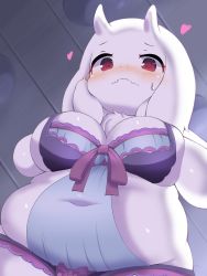 Rule 34 | 1girl, artist request, belly, blush, breasts, covered navel, fat, furry, furry female, goat, hands on own face, heart, highres, horns, large breasts, mature female, muffin top, navel, plump, red eyes, shiny skin, solo, toriel, undertale
