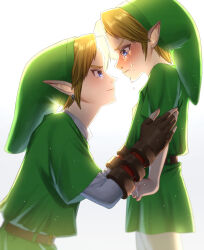 Rule 34 | 2boys, backlighting, blonde hair, blue eyes, blush, commentary request, crying, dual persona, earrings, eye contact, fingerless gloves, frown, gloves, green headwear, green tunic, hat, highres, jewelry, jimaku, link, looking at another, male focus, multiple boys, nintendo, pointy ears, smile, tears, the legend of zelda, the legend of zelda: ocarina of time, young link