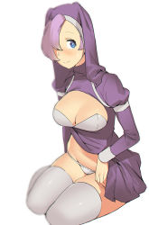 Rule 34 | 1girl, blue eyes, blush, breasts, cleavage, cleavage cutout, clothes lift, clothing cutout, copyright request, dress, dress lift, habit, hair over one eye, harabacho (gkfkqkch1), lifted by self, long sleeves, looking at viewer, medium breasts, panties, puffy long sleeves, puffy sleeves, purple hair, sitting, smile, solo, sweatdrop, thighhighs, underwear, yokozuwari