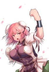 Rule 34 | 1girl, bandaged arm, bandages, blush, breasts, clenched hands, cuffs, double bun, green skirt, hair bun, highres, ibaraki kasen, large breasts, open mouth, pink eyes, pink hair, shackles, shiratsuki shiori, shirt, short hair, short sleeves, simple background, skirt, solo, tabard, touhou, upper body, white background, white shirt