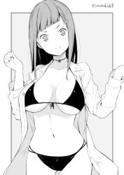 Rule 34 | 1girl, bikini, bikini under clothes, breasts, closed mouth, collarbone, collared shirt, cowboy shot, diagonal bangs, greyscale, hair ornament, hairclip, hands up, kichihachi, large breasts, long hair, long sleeves, looking at viewer, mole, mole under eye, monochrome, navel, open clothes, open shirt, original, outside border, shirt, simple background, smile, solo, standing, stomach, straight hair, swimsuit, twitter username, unbuttoned