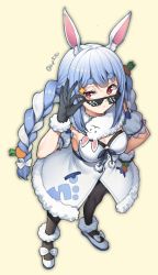 Rule 34 | 1girl, adjusting eyewear, adjusting glasses, animal ear fluff, animal ears, ankle garter, artist name, black gloves, black pantyhose, blue hair, bow, braid, breasts, bridal garter, carrot hair ornament, clothing cutout, coat, coat dress, deal with it (meme), detached sleeves, don-chan (usada pekora), dress, food-themed hair ornament, fur-trimmed coat, fur-trimmed gloves, fur scarf, fur trim, gloves, hair ornament, hand on own hip, highres, hololive, hololive fantasy, hop3, long hair, looking at viewer, looking over eyewear, looking over glasses, meme, multicolored hair, open mouth, orange eyes, pantyhose, pom pom (clothes), puffy short sleeves, puffy sleeves, rabbit ears, rabbit girl, ribbon, scarf, short eyebrows, short sleeves, simple background, smile, solo, sparkle, strapless, strapless coat, strapless dress, sunglasses, thick eyebrows, tinted eyewear, twin braids, twintails, twitter username, two-tone hair, underboob cutout, usada pekora, usada pekora (1st costume), virtual youtuber, white coat, white footwear, white hair, white scarf, white sleeves