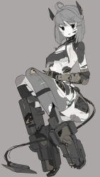 1girl ahoge android arm_across_waist asymmetrical_legwear black_eyes breasts cable cable_tail colored_skin damaged dot_nose floating_headgear frayed_cable grey_background grey_hair grey_theme headgear joints light_smile looking_at_viewer mecha_musume mechabare mechanical_tail medium_breasts medium_hair mismatched_legwear nanatsuki_sousuke no_feet open_mouth original robot_joints shirt simple_background spot_color swept_bangs tail thighhighs torn_clothes torn_shirt torn_skin torn_thighhighs underboob white_skin