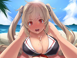 Rule 34 | 10s, 1boy, 1girl, beach, blonde hair, breasts, cleavage, cloud, cum, cum on body, cum on breasts, cum on upper body, day, ejaculation, foreshortening, hetero, highres, huge breasts, kantai collection, kloah, large breasts, lens flare, long hair, looking at viewer, murasame (kancolle), ocean, outdoors, paizuri, palm tree, penis, pov, red eyes, sky, solo focus, tree, twintails, uncensored
